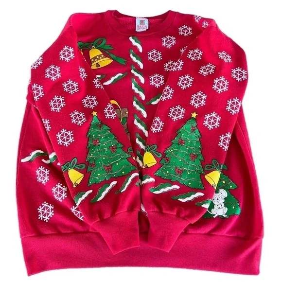 VTG Christmas Sweatshirt Cat Mouse Holiday Time Puffy Graphic Crewneck Med Red - Picture 3 of 11